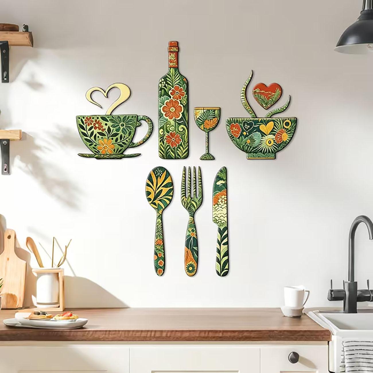 Xfasten Woodworking Double Sided Tape - 7Pcs Green Floral Kitchen Utensil Wooden