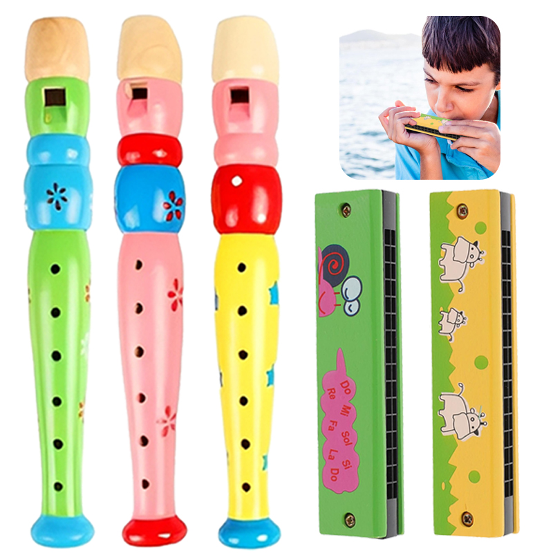 Woodworking School - 6-hole Wooden Flute & Harmonica Set